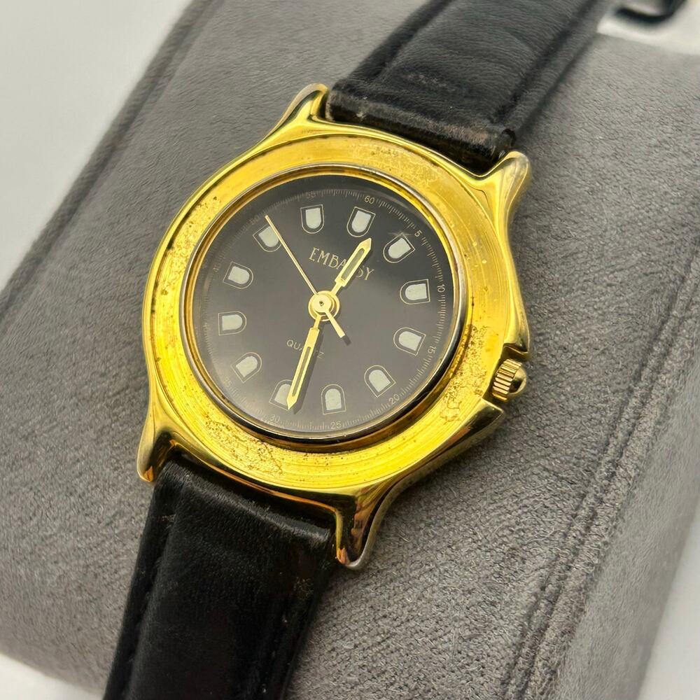 Vintage Gold-tone Embassy Black Dial Women’s Quartz Watch Working image 3